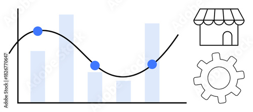 Vertical bar graph with trendline, store icon, and gear for process optimization. Ideal for business growth, data analysis, marketing, retail insights, progress tracking operations strategy. Flat