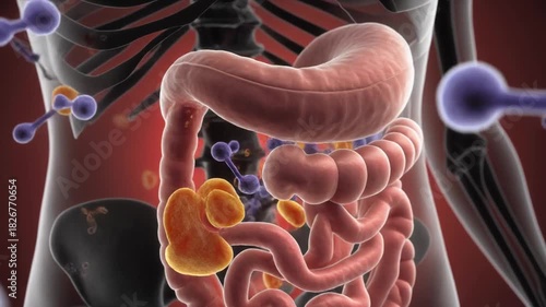 Stylized Medical Animation of Digestive Enzymes Breaking Down Food Particles Within The Human Intestinal Tract With A Dark Red Background And Abstract
