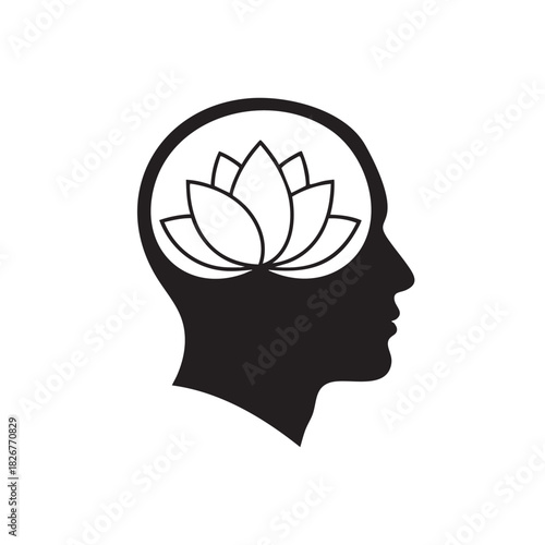Black silhouette of a human head profile with a lotus flower inside the brain area on a white background