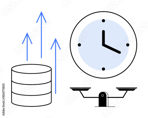 Stack of data with upward arrows beside clock and scales representing time management, growth, and balance. Ideal for productivity, organization, analytics, efficiency, workload optimization
