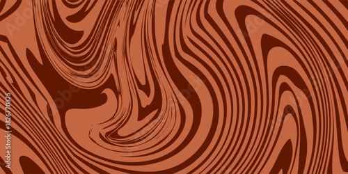 Retro coffee color background. Milk chocolate liquid desert texture. Wavy swirl candy pattern for poster, cover, banner, pamphlet. Brown trippy hippie wallpaper in 60s or 70s style. Vector