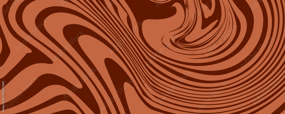 Obraz premium Retro coffee color background. Milk chocolate liquid desert texture. Wavy swirl candy pattern for poster, cover, banner, pamphlet. Brown trippy hippie wallpaper in 60s or 70s style. Vector