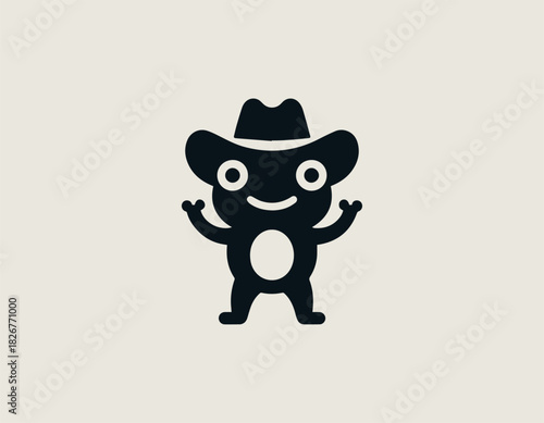 A joyful black character mascot wearing a wide brim cowboy hat smiling and waving in a bold minimalist vector graphic style on a clean white background.