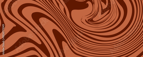 Retro coffee color background. Milk chocolate liquid desert texture. Wavy swirl candy pattern for poster, cover, banner, pamphlet. Brown trippy hippie wallpaper in 60s or 70s style. Vector