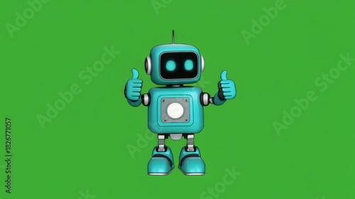Turquoise Retro Robot Character Appears On Green Screen Giving Thumbs Up Approval And Positive Gesture