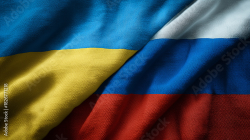 ukrainian flag and russian flag waving in the wind. ukraine and russia relations