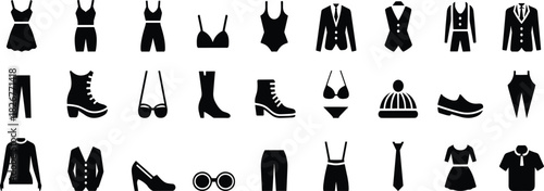Clothing and accessories icon set, fashion silhouette, outfit elements, garment graphic, black vector, isolated style, wardrobe design, apparel symbols, shoe icons, style collection