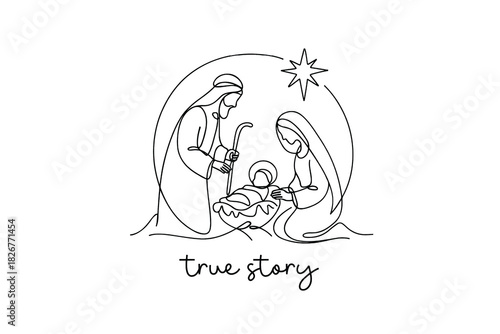 True Story, Nativity Scene Line Art Illustration of Mary Joseph and Baby Jesus for T Shirt Design