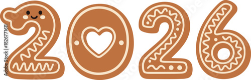 A festive flat vector illustration of the number 2026 styled as gingerbread cookies, complete with white icing details and smiling faces,