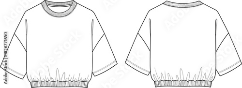 Vector Flat Drawing of Women's Cropped Double-Breasted Blazer, Tailored Fit, Peak Lapel, Pocket Flap, and Button Detail Apparel Template.