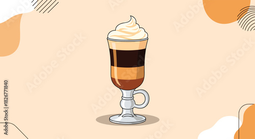 A delightful, layered coffee drink with whipped cream, served in a tall glass against a clean, abstract background with warm tones.