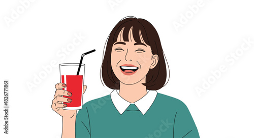 A happy young woman with short hair smiles brightly while holding a refreshing red drink with a straw.