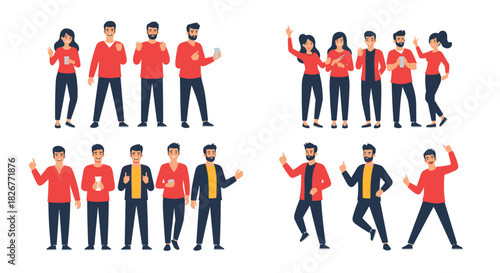 Diverse group of cartoon men and women in casual attire, displaying positive gestures, expressions, and interacting with smartphones.
