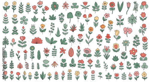 A charming collection of hand-drawn floral and botanical elements in a whimsical doodle style, perfect for springtime designs.