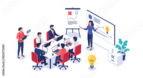 Business team collaborating and brainstorming new ideas during a strategic meeting with a presenter explaining concepts on a whiteboard.