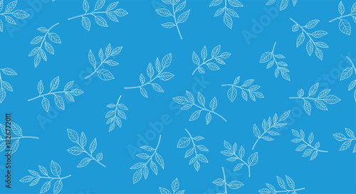 A repeating pattern of white hand-drawn leaf branches on a bright blue background, offering a fresh and clean botanical design.