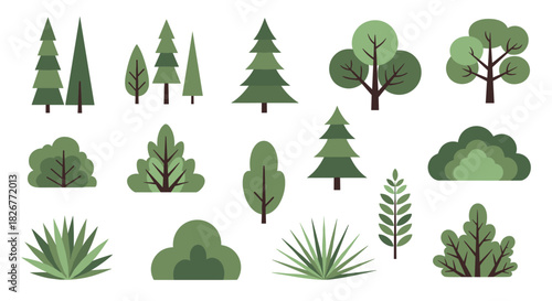 A collection of flat design green trees, bushes, and plants, representing various foliage types for natural and outdoor themes.