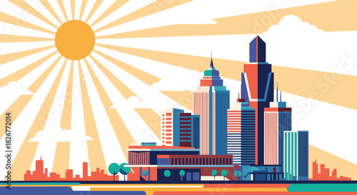 Vibrant vector illustration of a bustling cityscape with prominent skyscrapers and a bright, sunny sky.