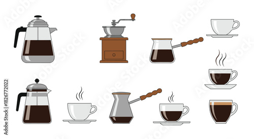 An illustrated set of coffee essentials, including brewing equipment like French presses and a grinder, along with diverse cups of hot coffee.