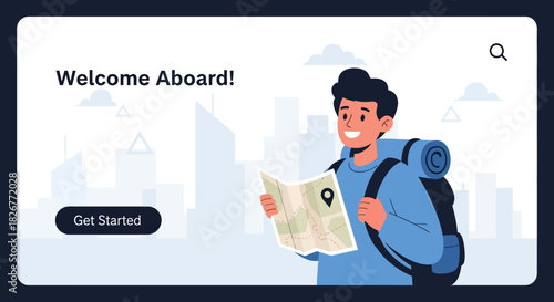 A cartoon man with a backpack looking at a map on a city webpage screen