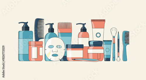 A diverse collection of beauty and personal care products, including skincare, hair care essentials, and makeup tools, presented as a clean illustration.
