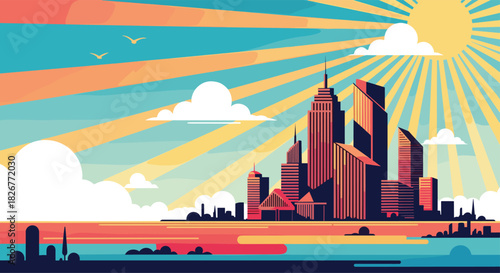 Flat design illustration of a vibrant cityscape with towering skyscrapers, a radiant sun, and clouds over a calm body of water.