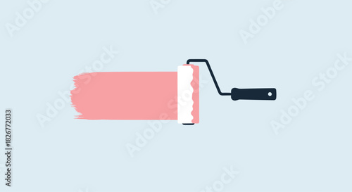A paint roller applies a smooth stripe of vibrant pink paint across a clean, light blue wall, representing home improvement and creative endeavors.