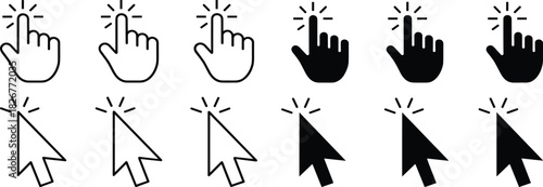 Cursor icon set, hand and arrow pointers, click symbols, UI interaction graphics, vector design, outline and filled styles