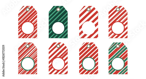Collection of eight festive Christmas gift tags with diagonal red and green candy cane stripes, featuring a central circular cutout and a top eyelet.
