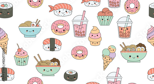 Kawaii food pattern—seamless pastel icons of sushi, ramen, donuts, and desserts with smiling faces for playful design