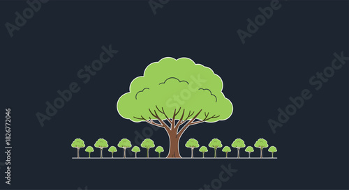 A prominent large green tree stands centrally, flanked by a row of smaller trees on a dark, minimalist background.