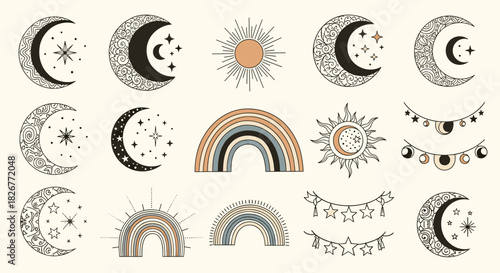 Boho celestial mystical elements set featuring crescent moons, stars, suns, and rainbows in earthy tones.