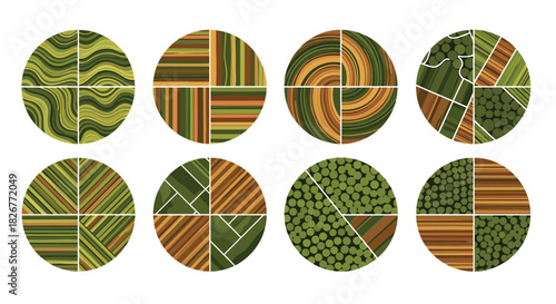 Abstract aerial view of diverse agricultural field patterns and land use designs within eight circular compositions.
