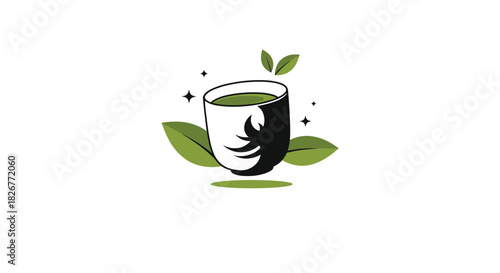 A graphic illustration featuring a white teacup with green tea, enhanced by fresh green leaves and subtle sparkles, conveying natural freshness and a healthy drink.