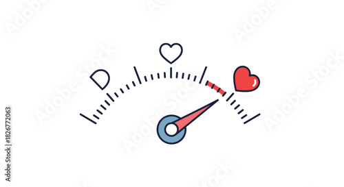A stylized love meter with a red needle pointing high on the gauge, indicating strong feelings or maximum affection and passion.