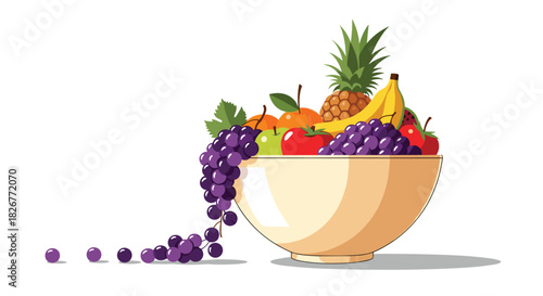 A colorful cartoon illustration of a fruit bowl brimming with fresh produce, including grapes, pineapple, bananas, and apples, on a white background.