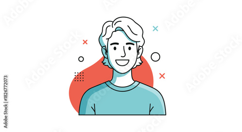 Smiling young man with wavy hair in a casual t-shirt, presented as a friendly cartoon illustration with abstract shapes in the background.