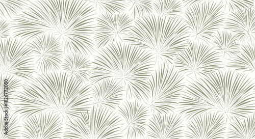 Seamless pattern with stylized fan-shaped leaves in a serene sage green hue, set against a soft off-white background, offering a tranquil organic texture.