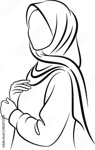 Hijab portrait illustration—minimal black-and-white line art of modest fashion and cultural identity for elegant design visuals