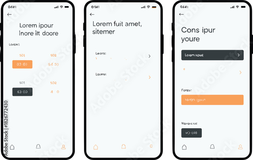 Mobile app UI illustration—three minimalist screens with time slots, buttons, and navigation icons for scheduling visuals