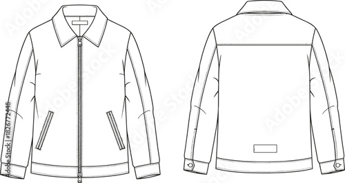 Technical Flat Sketch of Men's Classic Collared Jacket, Full Zip Closure, Welt Pockets, Button Cuffs, and Hem Band Apparel, cad drawing flat vector illustration