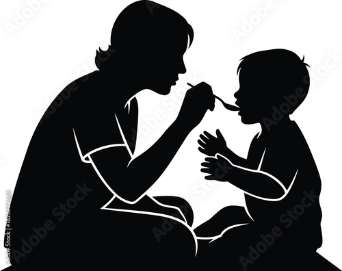 Mother feeding baby silhouette family love care childhood mealtime parenthood togetherness nourishment bonding parent child vector
