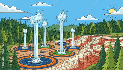 Yellowstone National Park, USA Colorful hot springs, erupting geysers, mineral terraces and vast pine forests under bright blue sky creating dramatic geothermal scenery