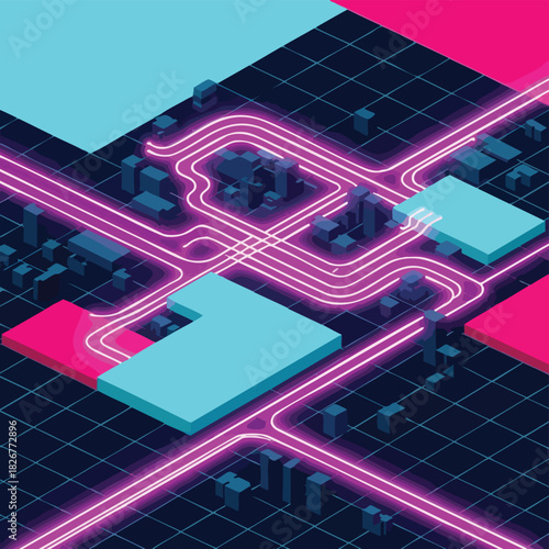 An isometric illustration depicts a digital circuit board with interconnected components and glowing pathways, showcasing technological advancements.