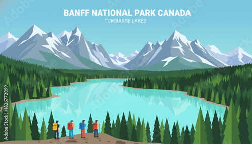 Banff National Park, Canada Snowy peaks reflecting on turquoise glacial lakes surrounded by dense fir forests and rocky ridges under crisp mountain air