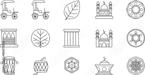 Cultural icon grid illustration—black-and-white line art of mosque, carriage, drum, leaf, and mandala for heritage visuals