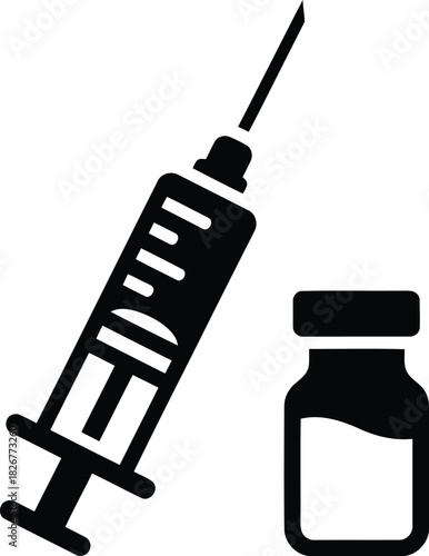 Medical syringe and vial icon simple black silhouette for healthcare pharmaceutical vaccination and injection concepts vector