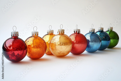 Generative AI image of shiny Christmas baubles in festive holiday colors against empty blank space for adv