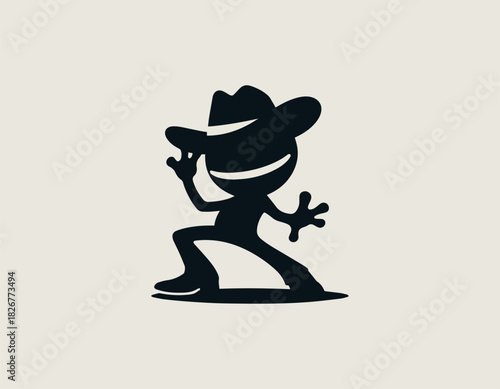 A joyful black character mascot wearing a wide brim cowboy hat smiling and waving in a bold minimalist vector graphic style on a clean white background.