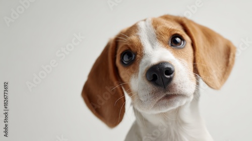 Beagle puppy with brown and white fur tilts its head. Looking directly at the camera with a curious and questioning expression against a clean. Bright background. Conveying innocence and attentiveness